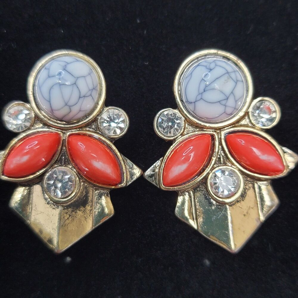 Vintage Costume Earrings Faux Howlite Coral Rhinestone Goldtone Pierced Post